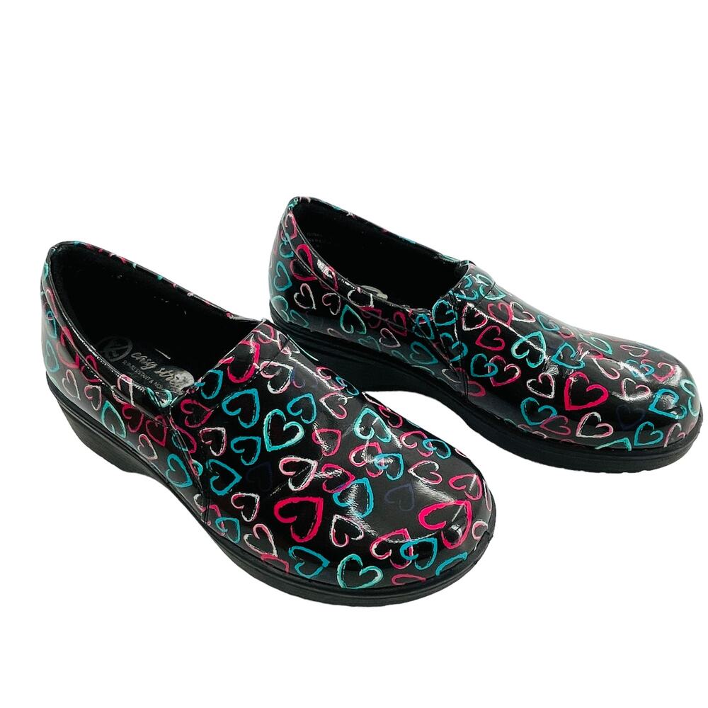Easy Works by Easy Street Tiffany Black Pink Aqua Hearts Comfort Clogs Shoes 7W - Picture 4 of 12